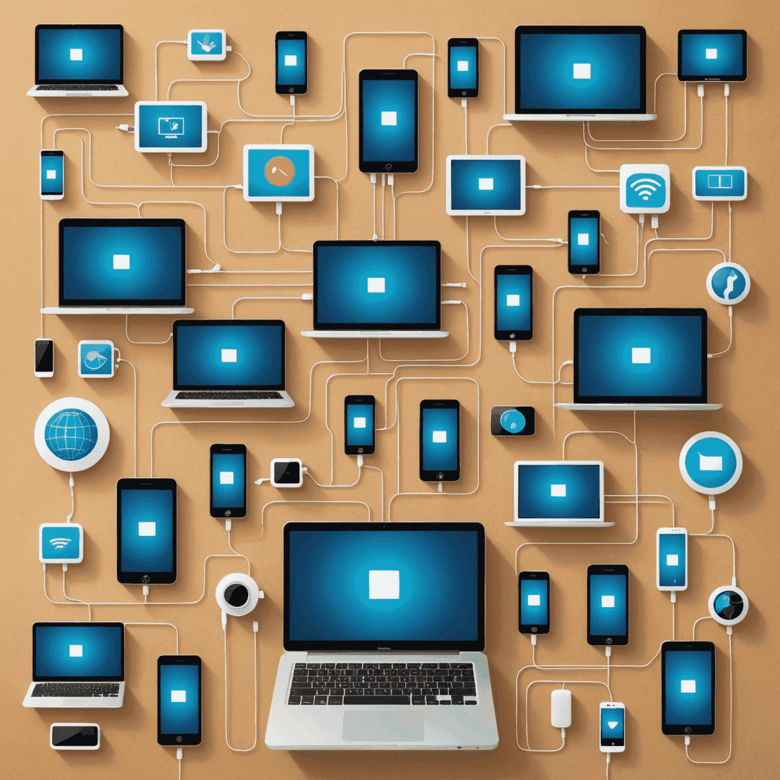 A collage showing various devices connected to the internet, including smartphones, tablets, and laptops, with vibrant network signals connecting them