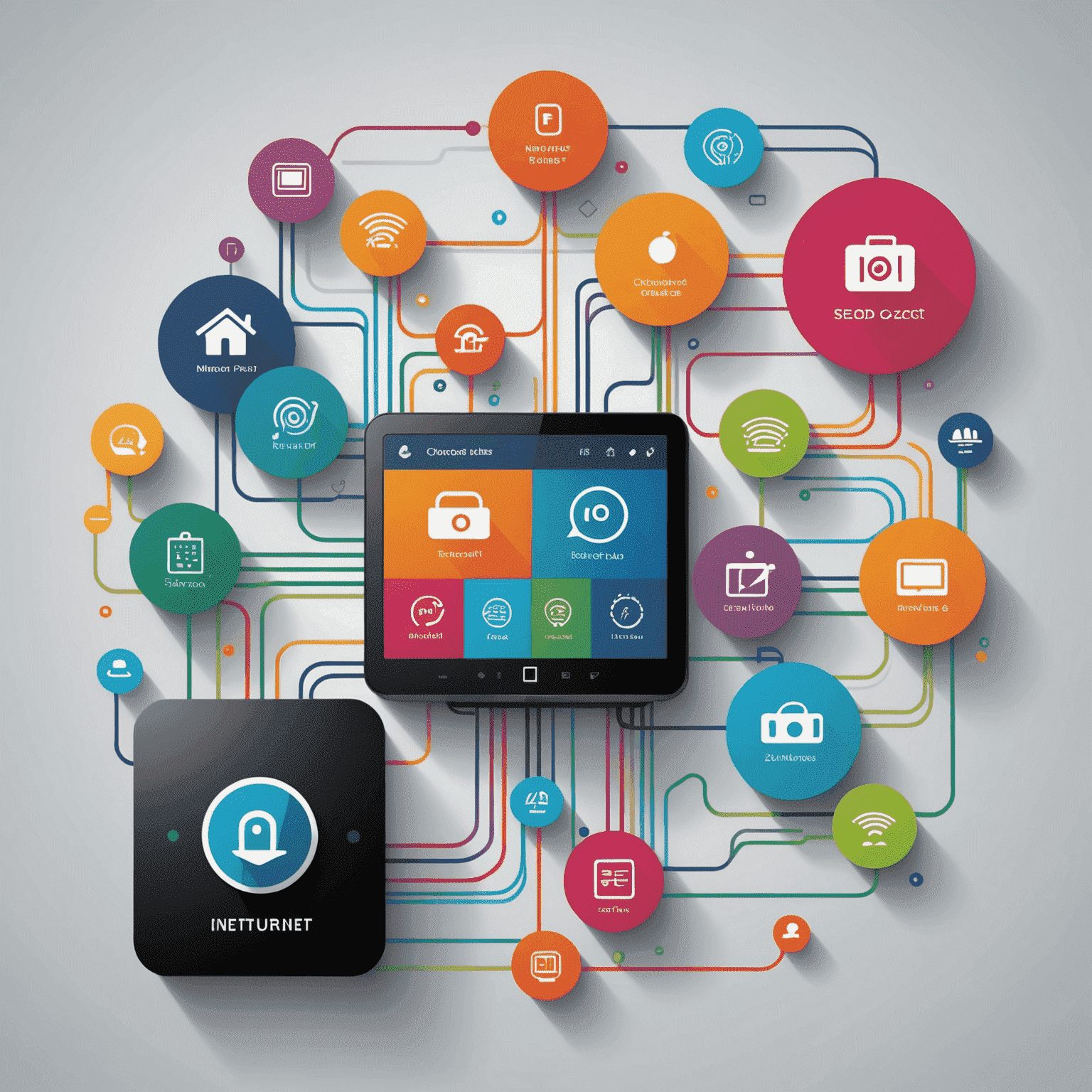 A colorful infographic showing various internet devices connected to a central router, with speed indicators and pricing tags floating around, representing the key factors in choosing a home internet plan