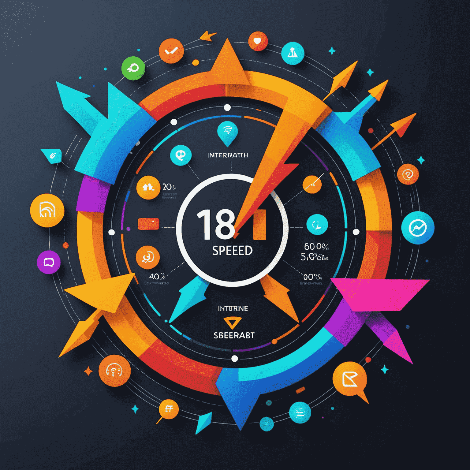 Colorful infographic showing different aspects of internet speed: download, upload, and latency represented by fun icons and vibrant arrows