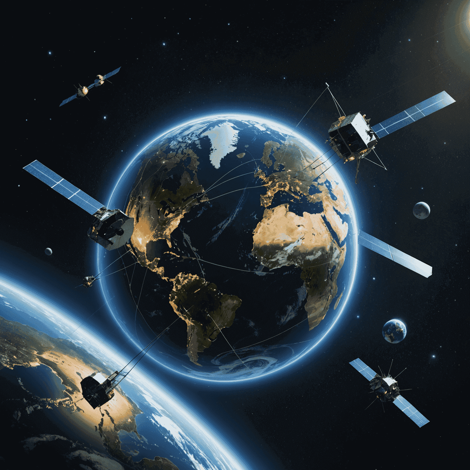 Illustration of satellites orbiting Earth, beaming internet signals to remote areas