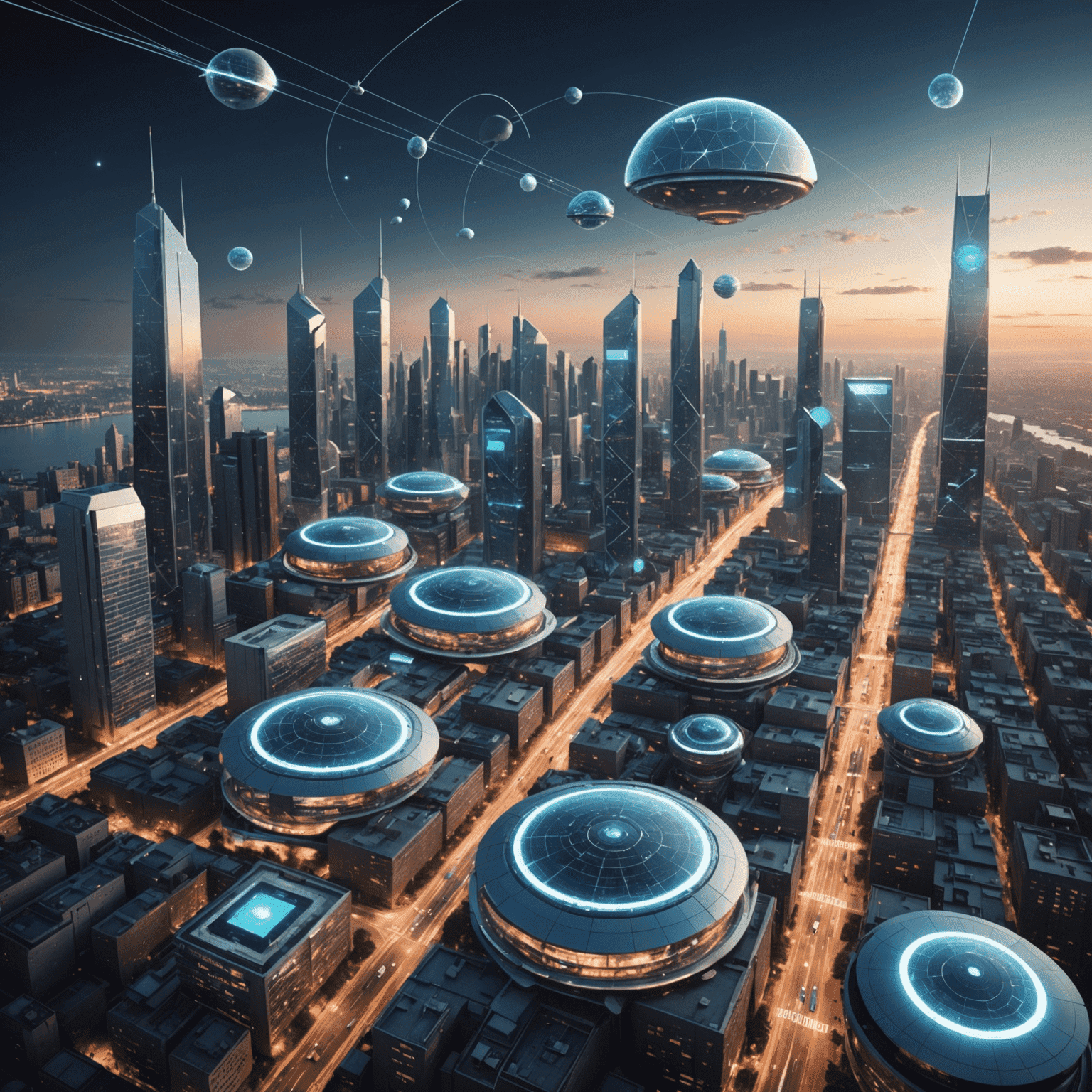 Futuristic cityscape with various internet technologies like satellites, Li-Fi, and edge computing devices